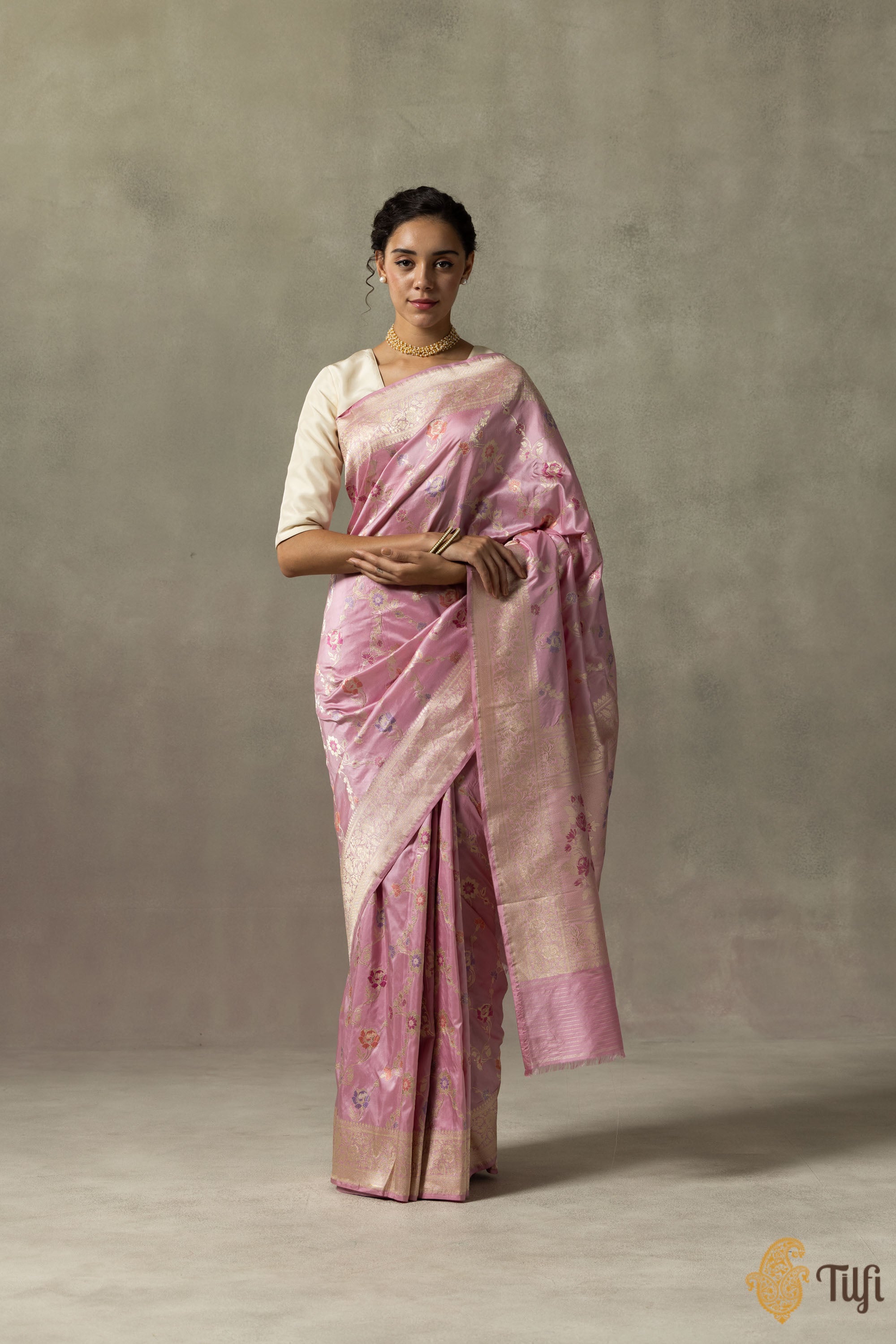 Front view of the handloom saree showing detailed Kadwa and Meenakari work