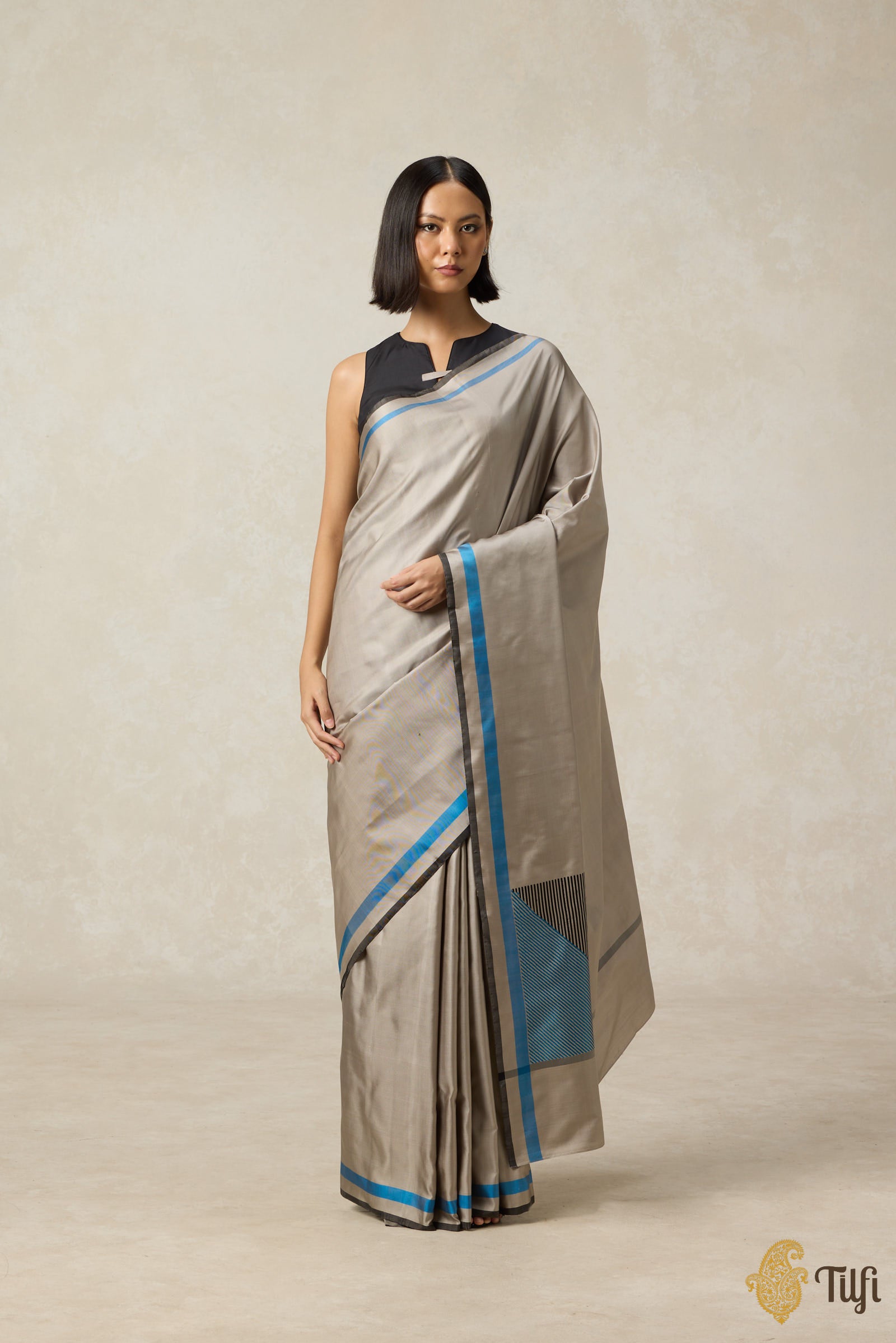 Close-up of the intricate twill weaving pattern on the Adagio pure silk saree