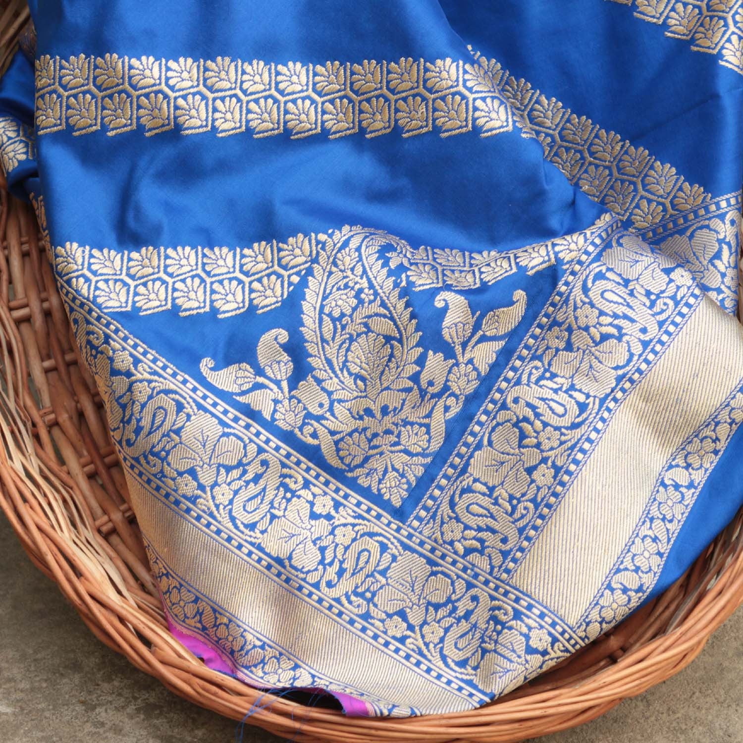 Majestic Royal Blue Katan Silk Banarasi Dupatta showcasing the beautiful diagonal jaal design with gold zari.