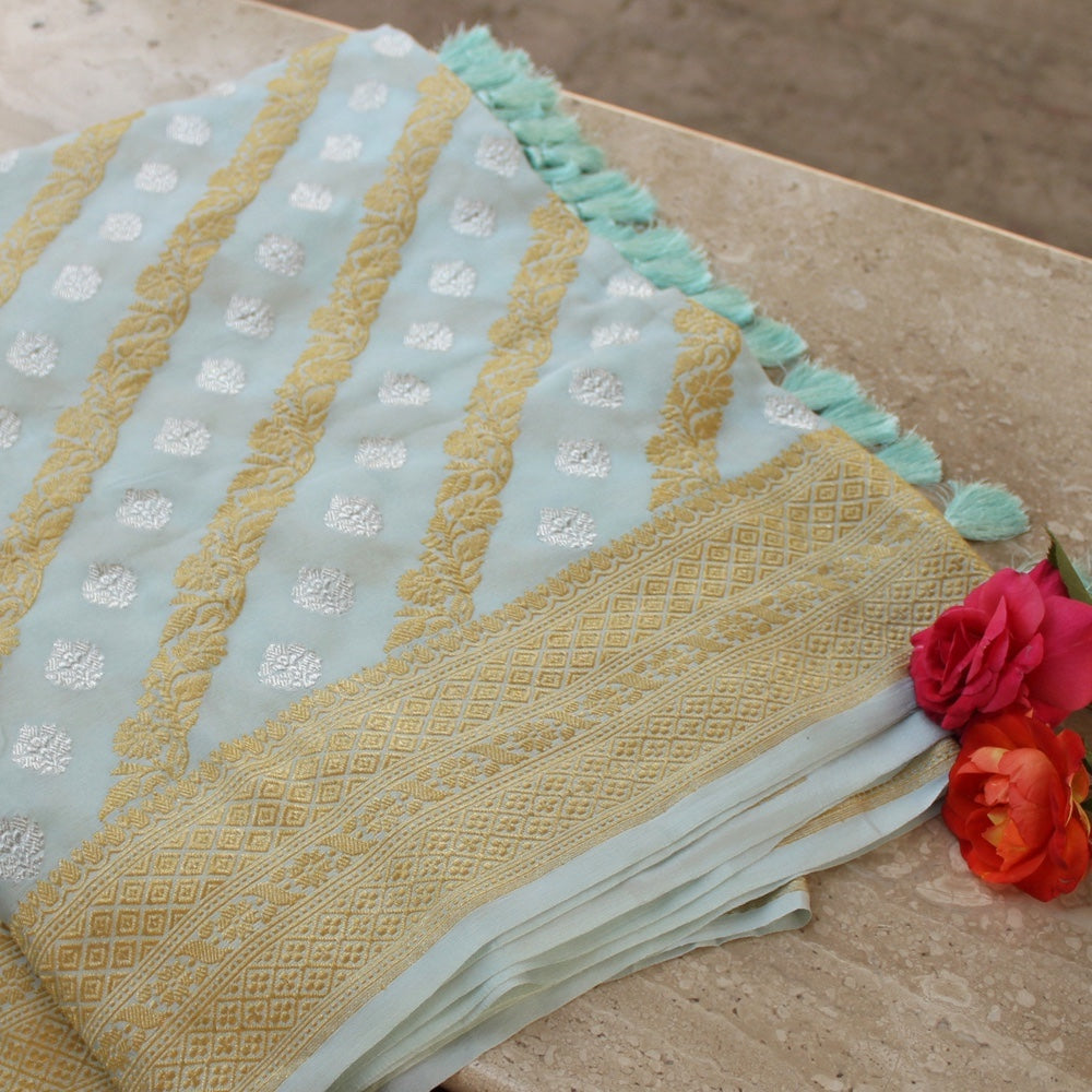 Flat-lay of the handloom dupatta showcasing Roopa Sona zari and aadha jaal detail