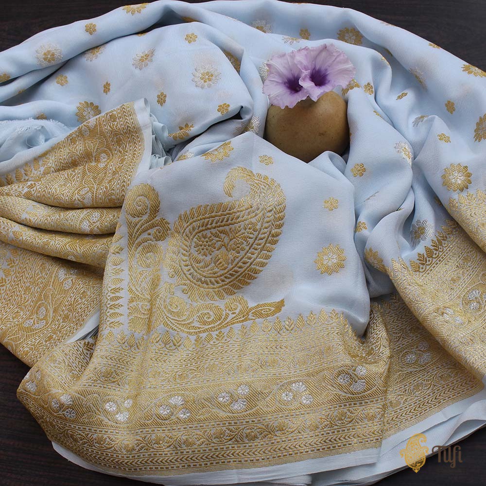 Close-up of gold and silver zari work on Alice Blue Banarasi saree highlighting intricate embroidery