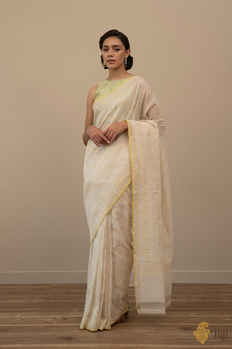 Close-up of intricate jamdani pattern with real zari for a luxurious look
